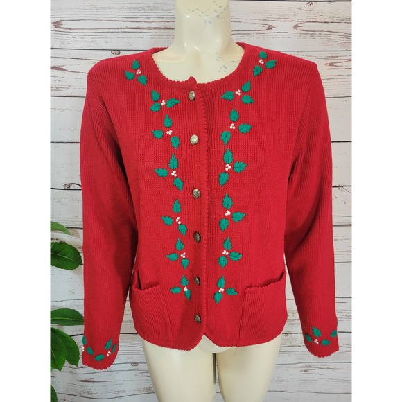Unbranded Sweaters - Red Embroidered Floral Long Sleeve Cardigan Sweater Women's Size Medium